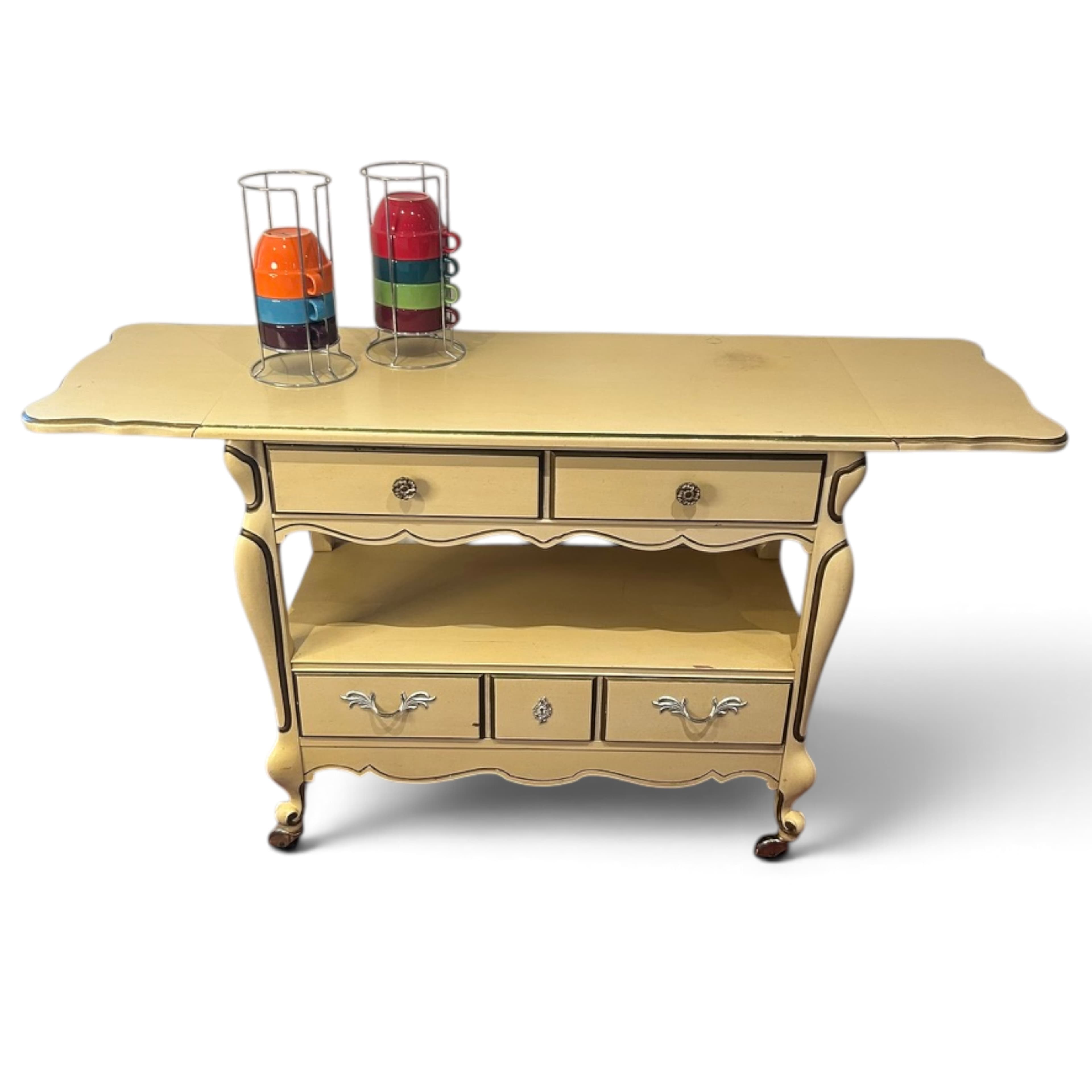 French Provincial Cream Drop-Leaf Server Cart