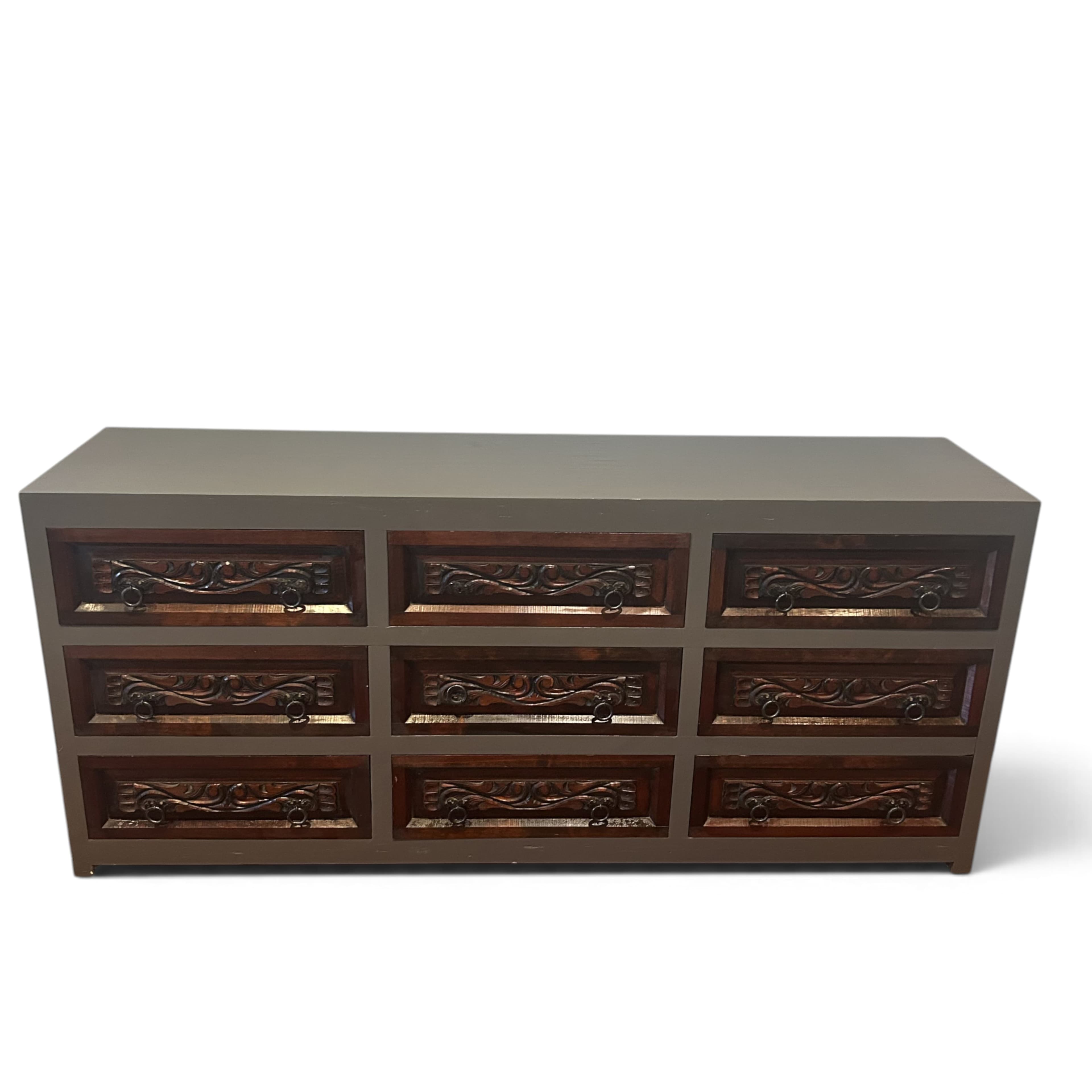 Hand-Carved Wood and Gray Painted 9-Drawer Dresser